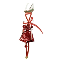 Ornament de brad clopotel cu paiete, Flippy, rosu, lemn, 25 cm