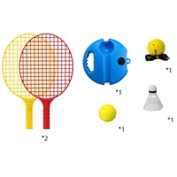Set Badminton pentru Copii, Flippy, Doua Palete, Fluturas, 2 Mingi, Minge cu Elastic pentru Antrenament, Suport de Prindere Stabil, 40.5x23 cm, Rosu Galben