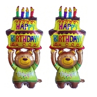 Balon din Folie Metalizata, Flippy, Figurine Animalute, Model Ursulet cu Tort Aniversar, 124x65 cm, Ambalaj Individual, Pai Inclus, Umflare cu Aer sau Heliu, Multicolor