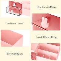 Cutie de Depozitare pentru Birou, Flippy, Pentru Makeup, Papetarie, Organizator Cosmetice, 2 Sertare si Compartimente Multiple, Model Iepuras, Plastic, 27.5x15.5x12 cm, Roz