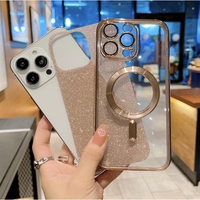 Husa de Protectie 2 in 1, Flippy, pentru iPhone 15, Glitter Chrome Magsafe, din TPU, Magnetica, cu Protectie Lentila, Auriu