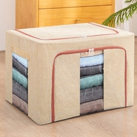 Cutie de Depozitare Pliabila, Flippy, 24 L, din Bumbac si In, 40x30x20 cm, 2 Ferestre, Frontala si Laterala, 2 Usi de Acces cu Fermoar Bidirectional, Cadru Metalic, Suport Baza Stabil din Plastic, Bej