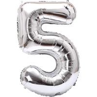 Balon din Folie Metalizata Flippy, Figurina Cifra, Tema Aniversare 40 cm, Ambalaj Individual, Pai inclus, Umflare cu Aer sau Heliu, Argintiu, Cifra 5