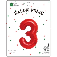 Balon din Folie Metalizata Flippy, Figurina Cifra, Tema Aniversare 40 cm, Ambalaj Individual, Pai inclus, Umflare cu Aer sau Heliu, Rosu, Cifra 3
