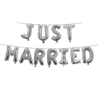 Set Baloane din Folie Metalizata, Flippy, Figurine Litere, Model Just Married, Tema Nunta, 40 cm, Baloane Party, Ambalaj Individual, Pai inclus, Umflare cu Aer sau Heliu, Argintiu
