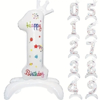 Balon din Folie Metalizata, Flippy, Figurina Cifra, Model 1 cu Happy Birthday Scris, Tema Aniversare 81 cm, Ambalaj Individual, Pai Inclus, Umflare cu Aer sau Heliu, Alb