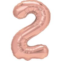 Balon din Folie Metalizata Flippy, Figurina Cifra, Tema Aniversare 80 cm, Ambalaj Individual, Pai inclus, Umflare cu Aer sau Heliu, Rose, Cifra 2