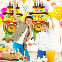 Balon din Folie Metalizata, Flippy, Figurine Animalute, Model Ursulet cu Tort Aniversar, 124x65 cm, Ambalaj Individual, Pai Inclus, Umflare cu Aer sau Heliu, Multicolor