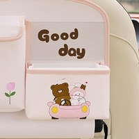 Geanta Multifunctionala de Depozitare, Flippy, pentru Bancheta din Spate a Masinii, Animat, Model Ursuleti, Scris Good Day, Suport Servetele si Telefon, 25x31 cm, Roz