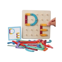 Jucarie Montessori Pegboard, Flippy, din Lemn, Tip Puzzle, Forme, Litere, Educativ, 17.8 x 17.8 x 1.5 cm, Multicolor