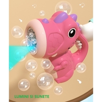 Jucarie Interactiva pentru Baloane de Sapun, Flippy, Sunete si Lumini, Model Dinozaur, cu 8 Orificii, 15 x 8.5 x 18.5, Roz