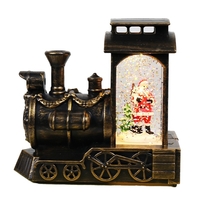 Decoratiune de Craciun tip Locomotiva, Flippy, Glob de Cristal cu Fulgi de Zapada, Model Mos Craciun, Iluminare LED, 11.5 x 12.5 x 6 cm, Carcasa Vintage Bronze, Transparent