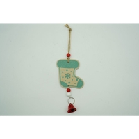 Ornament de brad ciorap cu clopotel, Flippy, multicolor, lemn, 17 cm