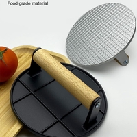 Presa Manuala pentru Carne, Flippy, din Aliaj de Aluminiu, Maner din Lemn, Presa pentru Burgeri, Usor de Curatat si Folosit, Rotunda, 16x16x6 cm, Neagra