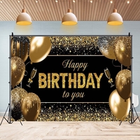 Banner Tip Fundal pentru Poze, Flippy, din Panza, 185 x 110 cm, Sfoara 6 m, Prindere in 4 Colturi, Happy Birthday to You, Negru/Auriu