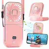 Ventilator Portabil Flippy, 3 in 1, de Mana, de Gat, de Birou, 16.7 x 8 x 1.9 cm, 3 Trepte de Viteza, Incarcare USB, Pliabil, Afisaj Digital, Suport Telefon, Roz