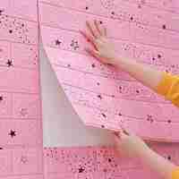 Set 10 Placi Tapet 3D, Flippy, 70 x 77 cm, Grosime 3 mm, din Polietilena, Tip Caramida, Model Stele, Suprafata acoperita 5.3 mp, Roz