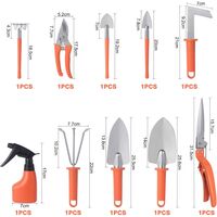 Set 10 Unelte de Gradina, Flippy, pentru Plantare Prelucrare Sol si Ingrijire Plante, Manere Portocalii, Material PVC si Otel Inoxidabil, Cutie Inclusa, 37x28x7 cm, Negru