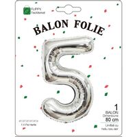 Balon din Folie Metalizata, Flippy, Figurina Cifra, Tema Aniversare 80 cm, Ambalaj Individual, Pai inclus, Umflare cu Aer sau Heliu, Argintiu, Cifra 5