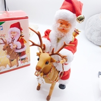 Decoratiune Mos Craciun, Flippy, Animat, care Canta si Danseaza, cu Saculet, pe Ren, Imbracat Festiv, 28x21x10 cm, Rosu