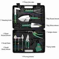 Set 10 Unelte de Gradina, Flippy, pentru Plantare Prelucrare Sol si Ingrijire Plante, Manere Verzi, Material PVC si Otel Inoxidabil, Cutie Inclusa, 37x28x7 cm, Negru