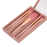 Set 5 Pensule de Machiaj cu Peri Moi, Flippy, cu Suport pentru Depozitare si Oglinda, Roz Inchis