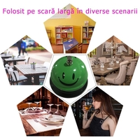 Clopotel Metalic Multifunctional, Flippy, Verde cu Imprimeu Smiley Face, 7.5x7.5x6.5 cm, Receptie, Restaurant, Cafenele