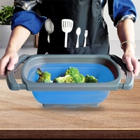 Cos de Scurgere Retractabil pentru Chiuveta, Flippy, cu Filtru, pentru Fructe si Legume, de Uz Casnic, 39x12 cm, Design Extensibil pana la 61 cm, cu Manere de Prindere, Albastru