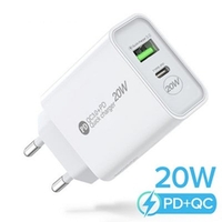 Incarcator Rapid PD QC3.0, Flippy, 2 Porturi, USB + Type C, 20W, Incarcare Rapida, Protectie Supraincalzire, 9.5 x 5.3 x 5.8 cm, Alb