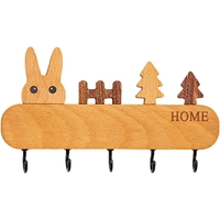 Suport pentru Chei, Flippy, din Lemn, Aplicare fara Perforare, Adeziv Inclus, 5 Carlige Negre, Model Iepure, Greutate Suportata 5 kg, 13.5 x 22 cm, Maro