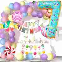 Balon din Folie Metalizata Flippy, Figurina Cifra, Imprimeu Gogosi, Tema Aniversare 100 cm, Ambalaj Individual, Pai inclus, Umflare cu Aer sau Heliu, Multicolor, Cifra 7