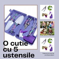 Set 5 accesorii pentru gradinarit Flippy, geanta depozitare inclusa, otel inoxidabil, 38 x 29 cm, mov