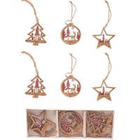 Set 6 Decoratiuni de Craciun din Lemn, Flippy, cu Snur pentru Agatare in Brad, Model Brad, Glob si Steluta, Rosu