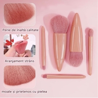 Set 5 Mini Pensule de Machiaj, Flippy, Portabile, in Carcasa cu Oglinda, din Par Sintetic Moale, Roz Pastel, 12x7x2.5 cm