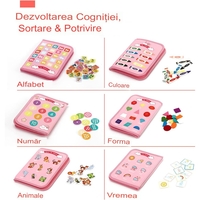 Carte Senzoriala Educativa Montessori, Flippy, Dezvoltare Abilitati Motorii, 5 Pagini, Model Unicorni, 28x22x7 cm, Roz