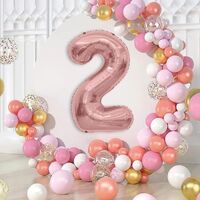 Balon din Folie Metalizata Flippy, Figurina Cifra, Tema Aniversare 80 cm, Ambalaj Individual, Pai inclus, Umflare cu Aer sau Heliu, Rose, Cifra 2