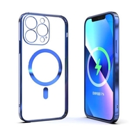 Husa MagSafe pentru Apple iPhone 14 Pro Max, Full Cover, Protectie camera, Margini colorate Electroplating, Magnetica, Incarcare Wireless, Flippy, Albastru