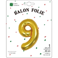 Balon din Folie Metalizata Flippy, Figurina Cifra, Tema Aniversare 40 cm, Ambalaj Individual, Pai inclus, Umflare cu Aer sau Heliu, Auriu, Cifra 9