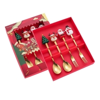 Set 4 Tacamuri, Flippy, Tema Craciun, 2 Linguri + 2 Furculite, cu Figurine, din Otel Inoxidabil, Cutie Cadou, 19 x 15 x 2.2 cm, Auriu