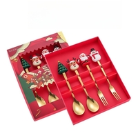 Set 4 Tacamuri, Flippy, Tema Craciun, 2 Linguri + 2 Furculite, cu Figurine, din Otel Inoxidabil, Cutie Cadou, 19 x 15 x 2.2 cm, Auriu