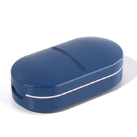 Organizator medicamente, Flippy, Dispozitiv Taiere/Sfaramare Pastile, Ideala pentru Calatorii, Portabila, Perie pentru Curatare, Compartiment depozitare, 8.5x4.5x2.5 cm, Albastru
