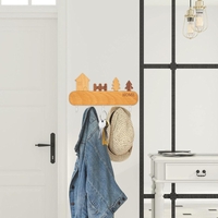 Suport pentru Chei, Flippy, din Lemn, Aplicare fara Perforare, Adeziv Inclus, 5 Carlige Albe, Model Casuta, Greutate Suportata 5 kg, 13.5 x 23 cm, Maro