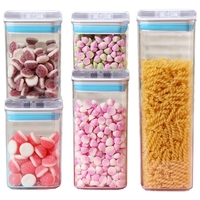 Cutii de Depozitare Alimente, Flippy, Set din 5 Cutii de tip Container, 1x0.5 l, 2x0.8 l, 1x1.2 l, 1x1.9 l, Recipiente pentru Cereale in Bucatarie,  Transparente cu Capac Albastru-Alb