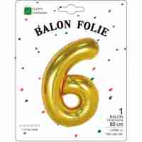 Balon din Folie Metalizata Flippy, Figurina Cifra, Tema Aniversare 80 cm, Ambalaj Individual, Pai inclus, Umflare cu Aer sau Heliu, Auriu, Cifra 6