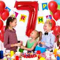 Balon din Folie Metalizata Flippy, Figurina Cifra, Tema Aniversare 80 cm, Ambalaj Individual, Pai inclus, Umflare cu Aer sau Heliu, Rosu, Cifra 7