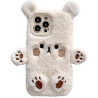 Husa de Protectie, Flippy, pentru Apple iPhone 15 Pro, Model Ursulet Pufos cu Urechi, Maini si Picioare, Antisoc, Rezistenta la Impact, Protectie Camera, Alb