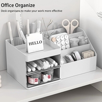 Cutie de Depozitare pentru Birou, Flippy, Pentru Makeup, Papetarie, Organizator Cosmetice, 2 Sertare si Compartimente Multiple, Model Iepuras, Plastic, 27.5x15.5x12 cm, Alb