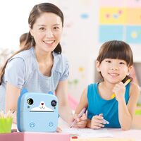 Camera Instantanee pentru Copii, Flippy, cu Functie de Printare, Camera Frontala + Selfie, Cablu USB-C, Bluetooth, Compatibil iOS/Android, Imprimare APP, Model Pisica, Albastru