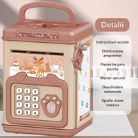 Pusculita pentru Copii, Flippy, pusculita pentru economii SMART BOX cu efecte sonore, Tip ATM, cu Parola cu Amprenta, din plastic, 20 x 13.5 x 11.5 cm Roz