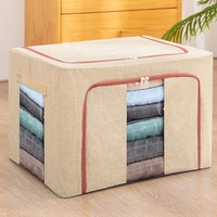 Cutie de Depozitare Pliabila, Flippy, 24 L, din Bumbac si In, 40x30x20 cm, 2 Ferestre, Frontala si Laterala, 2 Usi de Acces cu Fermoar Bidirectional, Cadru Metalic, Suport Baza Stabil din Plastic, Bej